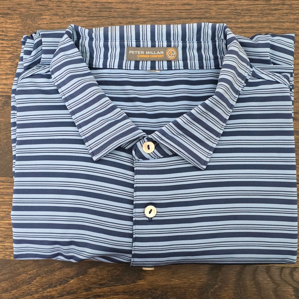 Peter Millar Polo Shirt Mens XL Blue Striped Summer Comfort Golf Nautical Coasta